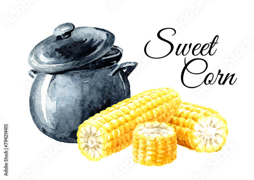 Boiled sweet corn. Hand drawn watercolor illustration  isolated on white background (ID: 794214415)