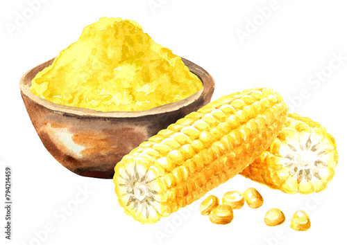Bowl with Corn flour and fresh corn comb. Hand drawn watercolor illustration isolated on white background (ID: 794214459)