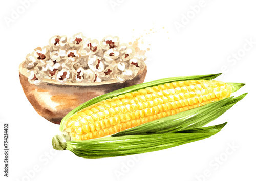Bowl with popcorn and fresh corn comb. Hand drawn watercolor illustration isolated on white background (ID: 794214482)