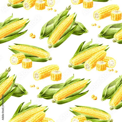 Fresh sweet corn seamless pattern, Hand drawn watercolor illustration, isolated  on white background (ID: 794214686)