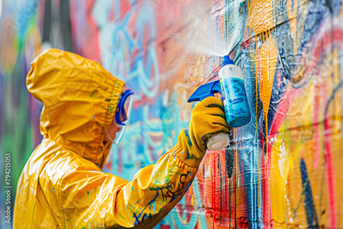 Graffiti Removal by Teenager Using Spray Bottle and Gloves