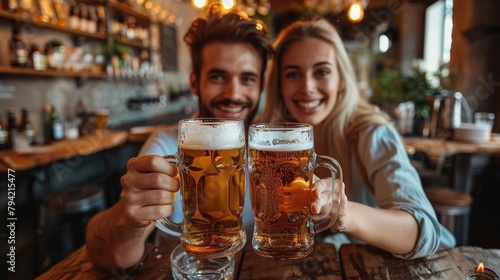 Illustration of a young couple toasting with beer in hand drawn style.
