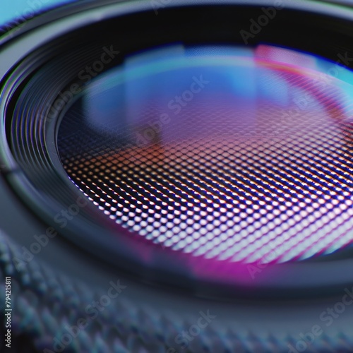 A close up of the lens of a camera with a blue and purple reflection. photo