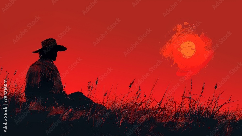 Concept of rural simple life with a farmer looking into the horizon and wearing a straw hat. Hand drawn style modern illustration. - obrazy, fototapety, plakaty 