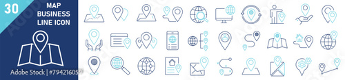 Map icons Pixel perfect. Map icon set. Set of 30 outline icons related to map. Linear icon collection. Map outline icons collection. Editable stroke. Vector illustration.