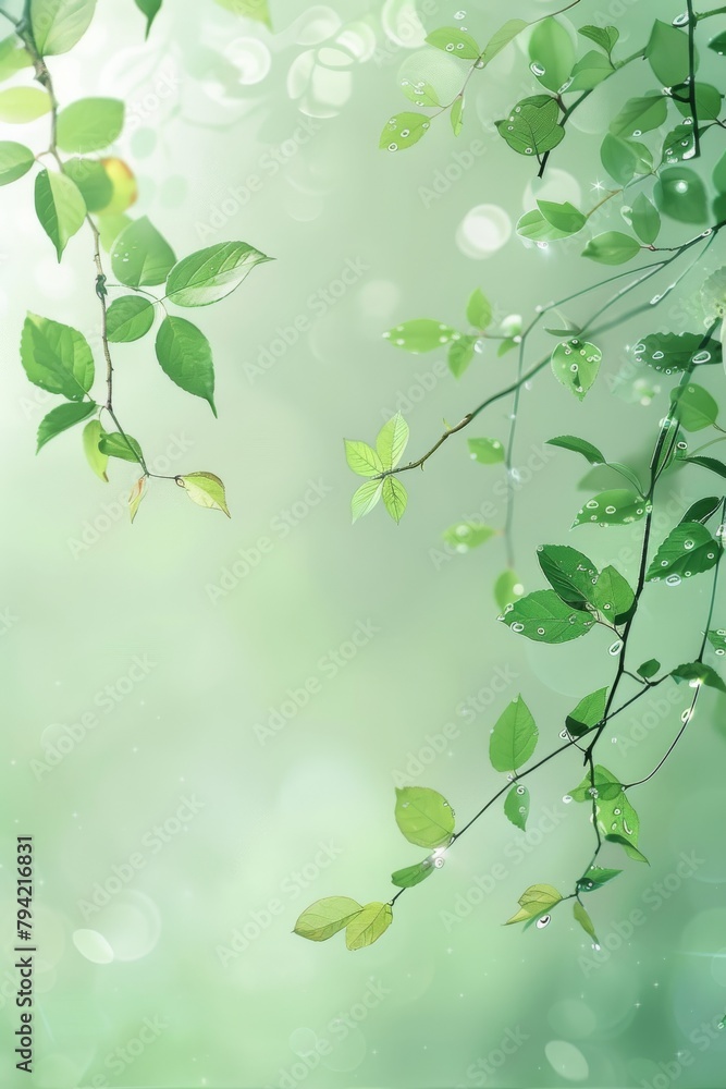 Green Leaves Branch on Light Green Background Green Leaves Branch on Light Green Background