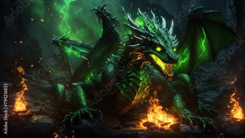Scary Green Dragon Illustration Haunts with Glowing Eyes and Fire © Mulyadi Lim