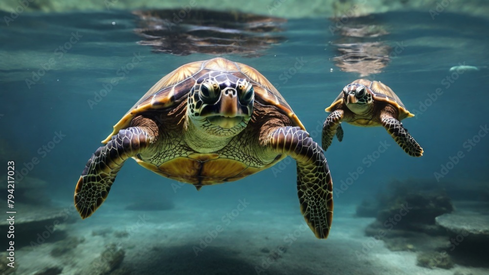 Obraz premium a large and a small turtle swims underwater