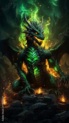 Scary Green Dragon Illustration Pierces with Glowing Eyes and Fire © Mulyadi Lim