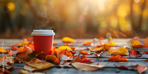 Autumn leaves and red cup of coffee on the sun blurred trees Fall background coffee cup nestled among autumn leaves Blurred autumn tree background with hot steaming cup of coffee tea