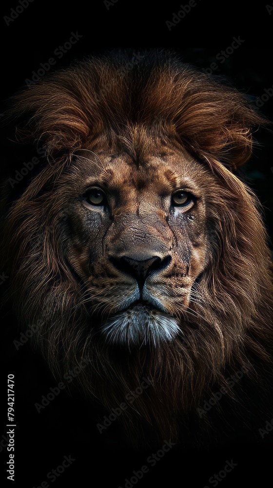 Fototapeta premium Poster with a lion on a dark background.