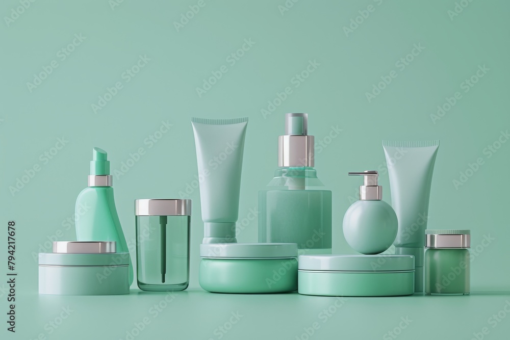 A collection of green beauty products are displayed on a table - obrazy, fototapety, plakaty 