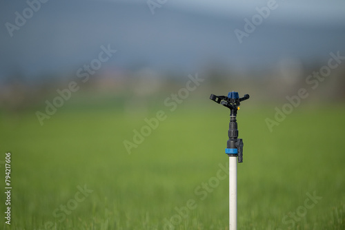 Sprinkler irrigation system in the field. Blurred green background.