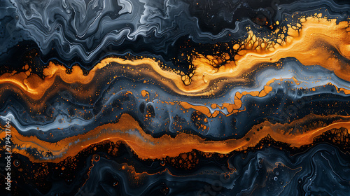 Visualize a dynamic and abstract acrylic pour painting using a high-contrast color scheme of black, white, and gold. photo