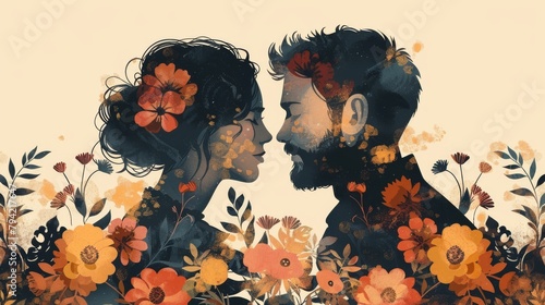 This modern illustration depicts a married couple with floral decorations. It is hand drawn in a style that is similar to graphic design. photo