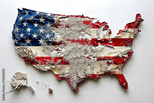Distressed cracked and dirty Map of united states with the American flag colors on white background. 