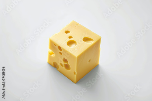 Piece of Dutch cheese with holes on a white background and space for text