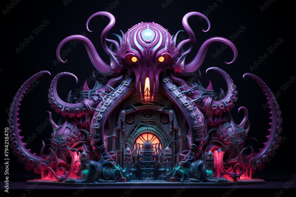 Obraz premium Craft a clay sculpture depicting a colossal, robotic kraken emerging from a neon-lit