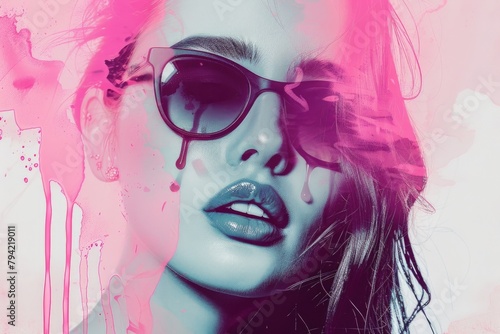 Stylish woman wearing sunglasses against a vibrant pink background. Perfect for fashion or summer themes © Fotograf