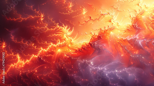 Visualize a fractal pattern inspired by the Mandelbrot set, rendered in fiery colors of red, orange, and yellow to suggest a blazing inferno. photo