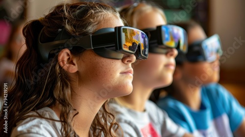 Little children of the future at school with virtual reality glasses