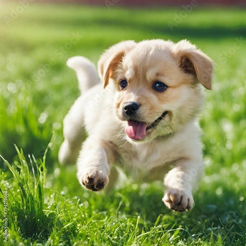 The cute puppy is running on the green grass. Happy life