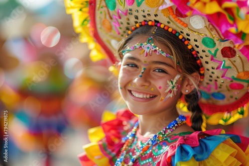 Smiling girl with glitter makeup and a colorful dress at a cultural festival with vibrant colors