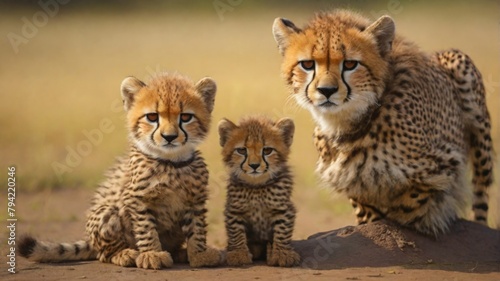 cheetah and two cheetah cubs