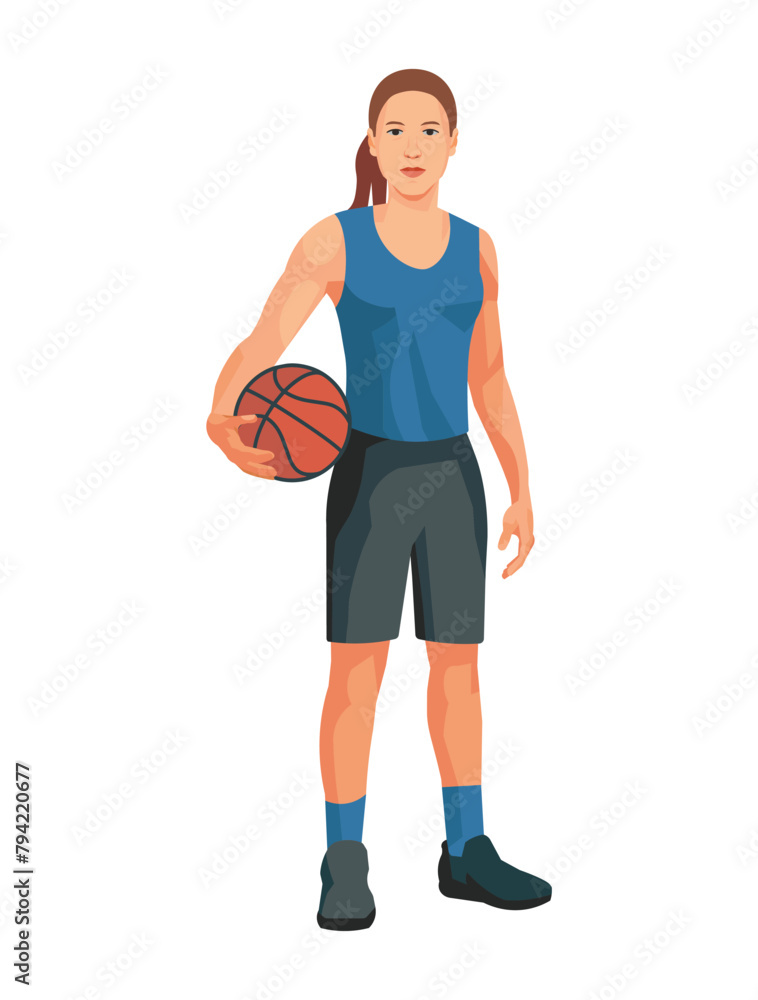 Women's basketball girl player in a blue sports uniform jersey stands with the ball straight Women's basketball girl player in a blue sports uniform jersey stands with the ball straight