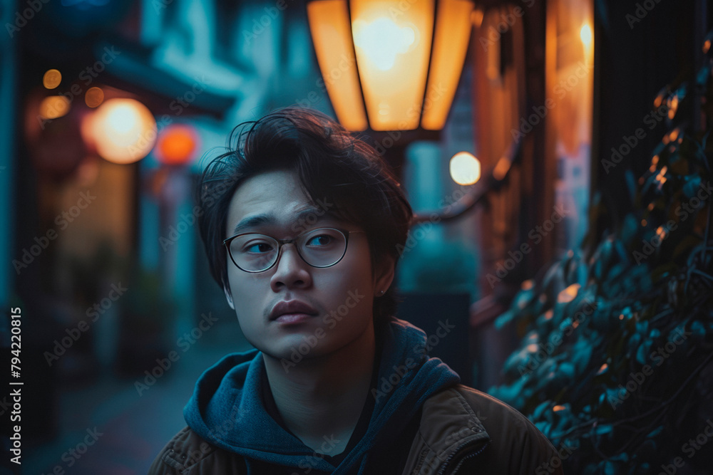 a millennial in an urban street with a dark background, looking for a bright spot amid the challenging and dark times in the world. a millennial in an urban street with a dark background, looking for a bright spot amid the challenging and dark times in the world.