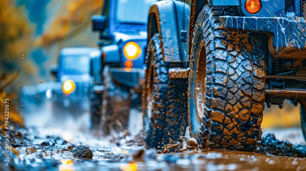 Close-up of muddy off-road tires on SUV in action, illustrating the raw power and thrill of off-roading. Close-up of muddy off-road tires on SUV in action, illustrating the raw power and thrill of off-roading.