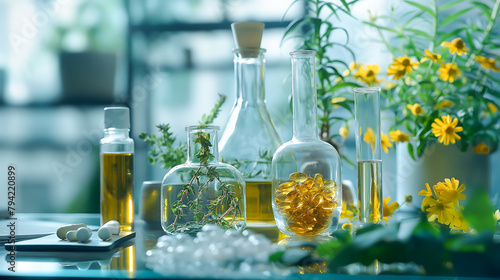 Natural drug research  Natural organic and scientific extraction in glassware  Laboratory and development concept 