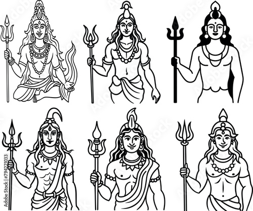 God Indian Hindu lord art Shiva icons set vector. photo