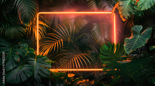 Neon glowing rectangular frame on the background with tropical leaves and flowers