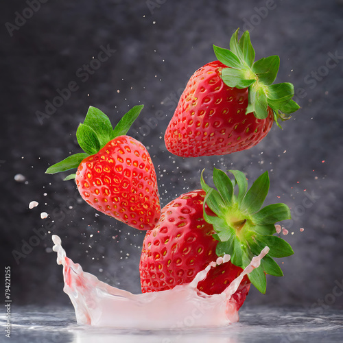 Strawberries that are falling into a cup of milk