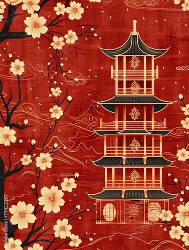 Design a pattern that combines traditional Chinese architectural elements like pagodas, bridges, and gates, with stylized floral motifs, perfect for creating a sense of grandeur and elegance 8K , high photo