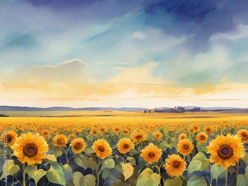Watercolor style sunflower field painting