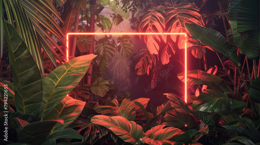 Neon glowing rectangular frame on the background with tropical leaves and flowers Neon glowing rectangular frame on the background with tropical leaves and flowers