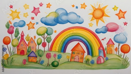 Children's drawings with colored pencils Rainbow sun houses