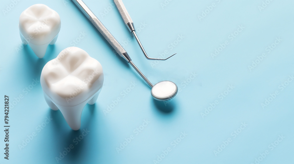 Model of a tooth and dental instruments, Dental treatment, Dentist tools mirror, Hook. Dentistry concept, Copy space Model of a tooth and dental instruments, Dental treatment, Dentist tools mirror, Hook. Dentistry concept, Copy space
