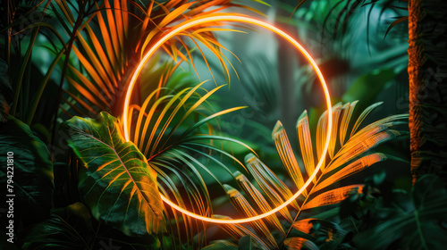 Neon glowing round circle frame on the background with tropical leaves and flowers