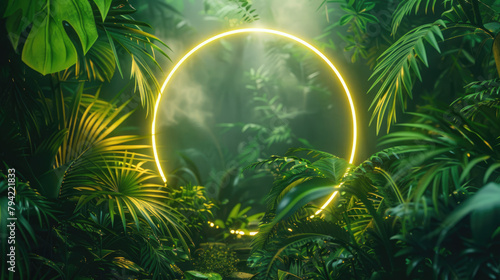 Fototapeta Naklejka Na Ścianę i Meble -  Neon glowing round circle frame on the background with tropical leaves and flowers