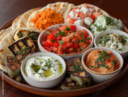 A tray of food with a variety of dips and vegetables. The tray is brown and white. The food is arranged in a way that makes it look appetizing and inviting