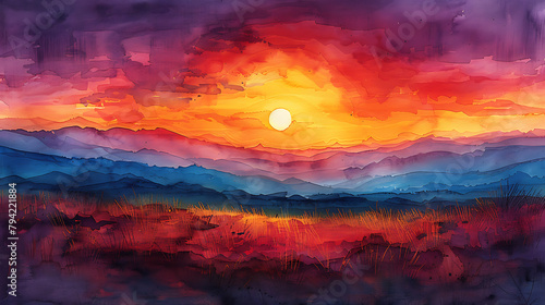 Visualize a vibrant sunset in a watercolor wash style  featuring warm tones of orange  red  and deep purple.