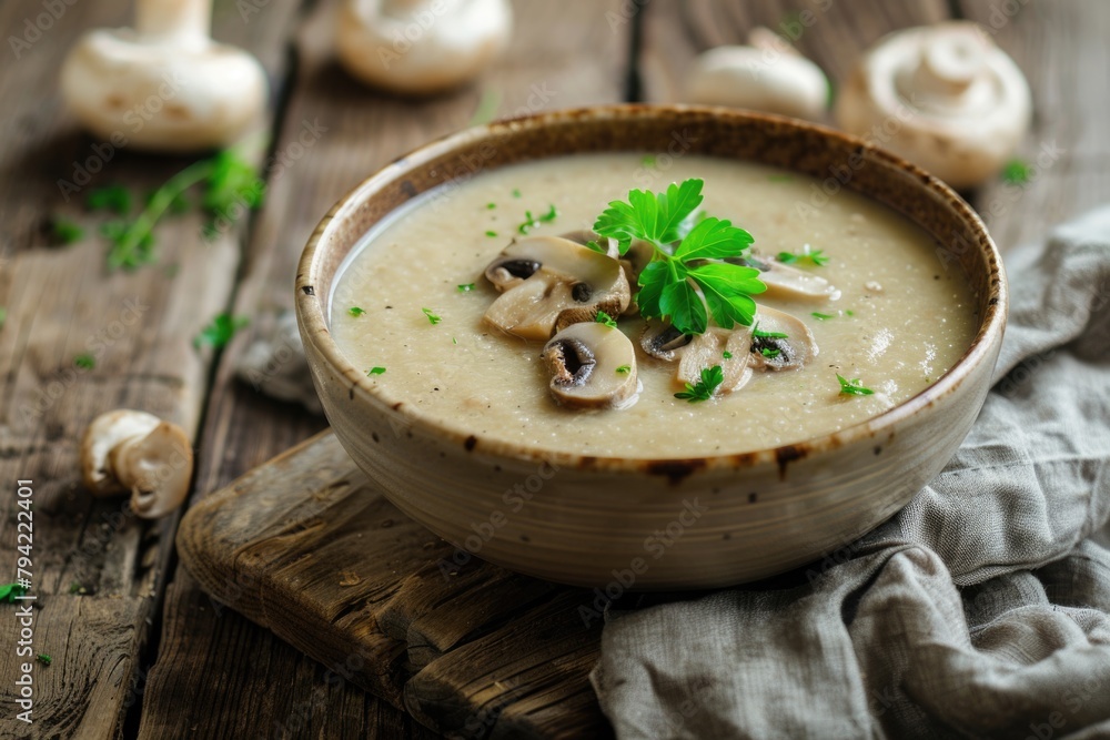 A delicious bowl of soup topped with mushrooms and parsley. Perfect for food and cooking related projects A delicious bowl of soup topped with mushrooms and parsley. Perfect for food and cooking related projects