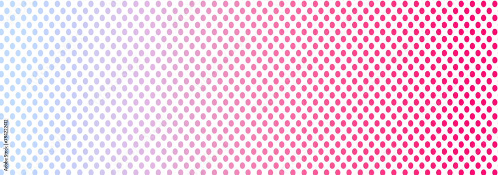 Fototapeta premium Różowo - niebieski półton, halftone. Baner, miejsce na tekst. Różowe kropeczki na białym tle. Bezszwowe, niebieskie kropeczki, delikatne, cukierkowe tło.