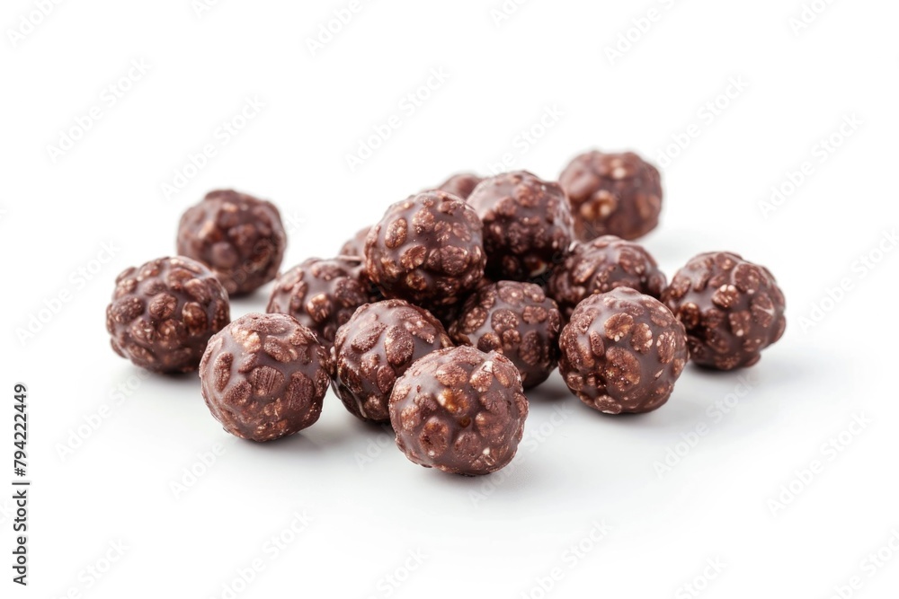 A pile of chocolate balls on a white surface. Perfect for food and dessert concepts A pile of chocolate balls on a white surface. Perfect for food and dessert concepts
