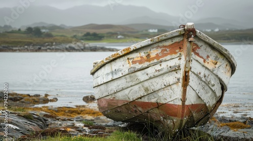 A poignant image of a weathered boat on a tranquil shore  encapsulating the storytelling essence of Documentary  Editorial  and Magazine Photography 