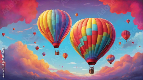 Colored balloons flies across the sky against the background of clouds and evening sunset