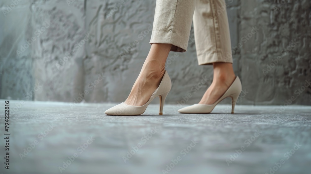 Close up of a woman's legs in high heels on a concrete floor. Perfect for fashion or business concepts